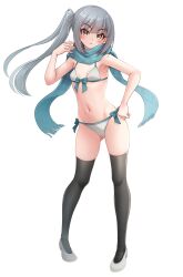 1girl :&lt; absurdres armpits bare_shoulders bikini black_thighhighs blue_bow blue_scarf blunt_bangs blush bow breasts brown_eyes closed_mouth commentary_request contrapposto front-tie_bikini_top front-tie_top full_body gluteal_fold grey_hair hair_ribbon highres kantai_collection kasumi_(kancolle) long_hair looking_at_viewer makura_(y_makura) navel ribbon scarf side-tie_bikini_bottom side_ponytail simple_background small_breasts solo standing swimsuit thighhighs transparent_background white_bikini white_footwear white_ribbon