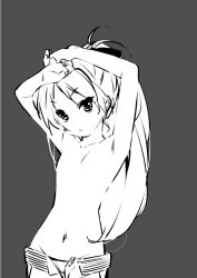 Rule 34 | 10s, 1girl, armpits, arms up, clothes pull, female focus, flat chest, grey background, long hair, looking at viewer, mahou shoujo madoka magica, md5 mismatch, megahomu, monochrome, navel, no nipples, sakura kyoko, shorts, shorts pull, simple background, solo, topless