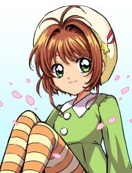 Rule 34 | 1girl, antenna hair, beret, brown hair, cardcaptor sakura, cherry blossoms, closed mouth, collared dress, commentary request, dress, green dress, green eyes, hat, highres, kinomoto sakura, knees up, long sleeves, looking at viewer, mokku (ak0207), petals, short hair, sitting, smile, solo, striped, white hat
