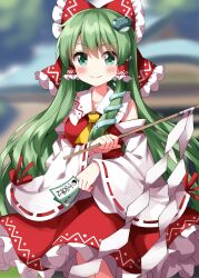 Rule 34 | 1girl, ascot, between fingers, blush, bow, commentary request, cosplay, cowboy shot, detached sleeves, frilled hair tubes, frills, frog hair ornament, gohei, green eyes, green hair, hair bow, hair ornament, hair tubes, hakurei reimu, hakurei reimu (cosplay), highres, holding, holding gohei, kochiya sanae, long hair, looking at viewer, ofuda, ofuda between fingers, red bow, red ribbon, ribbon, ribbon-trimmed sleeves, ribbon trim, ruu (tksymkw), smile, snake hair ornament, solo, touhou, wide sleeves, yellow ascot