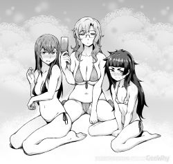 Rule 34 | 3girls, absurdres, artist name, bare arms, bare legs, bare shoulders, barefoot, bikini, blush, breasts squeezed together, breasts, cameltoe, cellphone, cleft of venus, closed mouth, embarrassed, fingernails, flip phone, geewhy, glasses, greyscale, hand up, highres, hiyajou maho, holding, holding phone, jitome, kiryuu moeka, large breasts, long hair, looking at viewer, makise kurisu, medium breasts, messy hair, monochrome, multiple girls, nose blush, parted lips, phone, seiza, semi-rimless eyewear, side-tie bikini bottom, sitting, small breasts, steins;gate, steins;gate 0, sweat, swimsuit, under-rim eyewear, wariza
