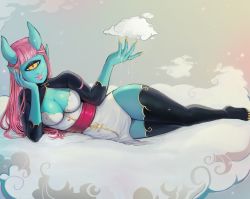 Rule 34 | 1girl, absurdres, black thighhighs, blue oni, blue skin, blunt bangs, breasts, cleavage, cloud, colored skin, cyclops, dress, fingernails, head rest, highres, horns, lipstick, long hair, looking at viewer, lying, makeup, matilda fiship, monster girl, nail polish, on cloud, on side, one-eyed, oni, oni horns, original, parted lips, pink hair, pink lips, rain, red sash, sash, sharp fingernails, sharp toenails, shrug (clothing), slit pupils, smile, solo, thighhighs, toenails, white dress, yellow eyes, yellow nails