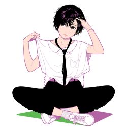 Rule 34 | 1girl, absurdres, androgynous, arms up, belt, black hair, black necktie, black pants, breast pocket, collared shirt, highres, jewelry, miyoshi yoshimi, necktie, original, pants, parted lips, pocket, ring, shadow, shirt, shoes, short hair, short sleeves, socks, solo, tomboy, white background, white footwear, white socks