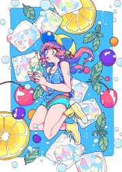 Rule 34 | 1girl, bare arms, bare shoulders, baseball cap, belt, blue eyes, blue shorts, blueberry, bubble, cherry, collarbone, commentary request, cup, drinking straw, food, fruit, hat, highres, holding, holding cup, ice, ice cube, lemon, long hair, mint, open mouth, original, otokawa akari, pink hair, shoes, shorts, sneakers, striped tank top, tank top, yellow footwear