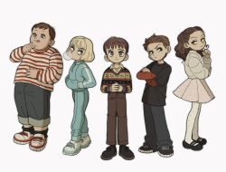 Rule 34 | 2girls, 3boys, augustus gloop, blonde hair, brown hair, charlie and the chocolate factory, charlie bucket, chewing gum, child, collared shirt, commentary, crossed arms, fat, fingernails, highres, kumao (uexxww), long sleeves, mary janes, mike teavee, multiple boys, multiple girls, pants, shirt, shoelaces, shoes, sneakers, striped clothes, striped shirt, symbol-only commentary, tongue, tongue out, veruca salt, violet beauregarde, white background