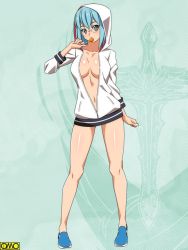 Rule 34 | 1girl, aqua eyes, aqua hair, arm at side, bad id, bad pixiv id, bare legs, blue footwear, blush, breasts, candy, cleavage, collarbone, copyright request, eating, food, full body, glasses, green background, head tilt, holding, holding food, hood, hood up, hoodie, legs apart, lollipop, long sleeves, looking at viewer, medium breasts, naked hoodie, navel, no bra, no socks, omc, open clothes, open hoodie, ra-pen, rimless eyewear, shoes, short hair, solo, standing, sword, unzipped, weapon, zipper