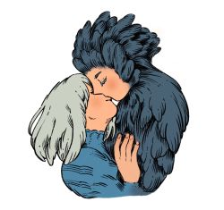 Rule 34 | 1boy, 1girl, birdfrogdraws, black feathers, blue dress, dress, closed eyes, feathers, grey hair, hand on another&#039;s chest, highres, howl (howl no ugoku shiro), howl no ugoku shiro, kiss, sophie (howl no ugoku shiro), white background