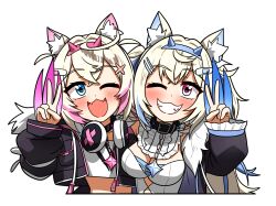 Rule 34 | 2girls, animal ears, black collar, blonde hair, blue eyes, blue headband, collar, ddolbang, dog ears, dog girl, fake claws, fang, fangs, fur-trimmed jacket, fur trim, fuwawa abyssgard, fuwawa abyssgard (1st costume), hair ornament, hairclip, headband, headphones, headphones around neck, highres, hololive, hololive english, jacket, looking at viewer, mococo abyssgard, mococo abyssgard (1st costume), multicolored hair, multiple girls, one eye closed, pink eyes, pink headband, short hair, siblings, sisters, skin fang, smile, streaked hair, twins, v, virtual youtuber