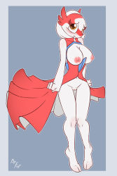 Rule 34 | 1girl, artist name, bare shoulders, blue background, blue border, blush, border, breasts, breasts out, cleft of venus, creatures (company), dress, english text, feet, female focus, fuf, full body, furry, furry female, fusion, game freak, gardevoir, gen 3 pokemon, half-closed eyes, highres, knees together feet apart, large breasts, latias, legendary pokemon, looking away, looking to the side, looking up, navel, nervous, nintendo, nipples, no panties, pokemon, pokemon (creature), pokemon rse, pussy, red dress, short hair, simple background, sleeveless, sleeveless dress, solo, standing, text focus, thigh gap, uncensored, white hair, yellow eyes