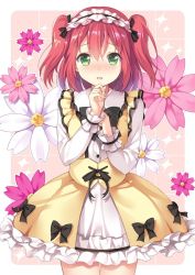 Rule 34 | 10s, 1girl, black bow, blush, bow, cowboy shot, dress, floral background, frilled dress, frills, green eyes, hairband, hand on own chin, kawauchi (kaz7ry), kurosawa ruby, lolita fashion, lolita hairband, long sleeves, looking at viewer, love live!, love live! school idol festival, love live! sunshine!!, nose blush, open mouth, red hair, solo, standing, two side up