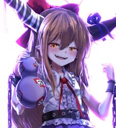 Rule 34 | 1girl, :d, bow, chain, cuffs, gourd, hair between eyes, highres, horn ornament, horn ribbon, horns, ibuki suika, long hair, looking at viewer, oni horns, open mouth, pointy ears, purple ribbon, ribbon, shackles, shirt, skirt, smile, solo, sunnysideup, touhou, white background