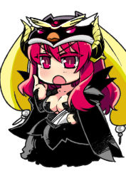 Rule 34 | 1girl, armor, armored dress, blonde hair, blush, breasts, bridal gauntlets, cape, center opening, chibi, cleavage, cosplay, demon girl, hat, horns, ishida akira, large breasts, long hair, maou (maoyuu), maoyuu maou yuusha, mawaru penguindrum, open mouth, princess of the crystal, princess of the crystal (cosplay), red eyes, red hair, solo, twintails