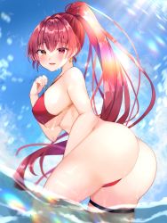 Rule 34 | 1girl, artist request, ass, bare shoulders, bikini, blush, breasts, earrings, from behind, heterochromia, highres, hololive, houshou marine, huge ass, jewelry, large breasts, leaning, leaning forward, long hair, looking at viewer, open mouth, orange eyes, ponytail, red eyes, red hair, shiny skin, sideboob, smile, solo, sun glare, swimsuit, thigh strap, thong bikini, very long hair, virtual youtuber