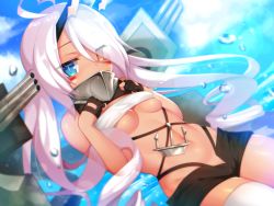 Rule 34 | 1girl, ahoge, anchor, azur lane, bandeau, bare shoulders, black gloves, black shorts, blue eyes, blush, breasts, cameltoe, collar, dark-skinned female, dark skin, day, drill hair, dutch angle, eyes visible through hair, facepaint, fingerless gloves, gloves, hair over one eye, hands on own chest, headgear, heart, heart ahoge, heterochromia, highres, indianapolis (azur lane), long hair, looking at viewer, medium breasts, mofuaki, outdoors, pink hair, short shorts, shorts, sky, solo, thighhighs, twintails, very long hair, water drop, white thighhighs, yellow eyes