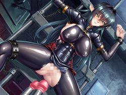 Rule 34 | annerose vajra, bdsm, black hair, bondage, bound, breasts, censored, chain, embarrassed, kagami hirotaka, koutetsu no majo annerose, koutetsu no majo anneroze, large breasts, lilith-soft, long hair, machine, mosaic censoring, shiny skin, solo, sweat, taimanin (series), taimanin rpgx, yellow eyes