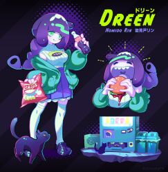 Rule 34 | 1girl, 1other, animal, animal ears, arm up, bag, bag of chips, black cat, blush, bottle, burger, buttons, cat, cat ears, cat tail, character name, closed mouth, colored skin, donuttypd, dots, dreen (donuttypd), expressions, food, green eyes, green jacket, hands up, holding, holding bag, holding bottle, hole, jacket, ketchup, kneehighs, leaking, logo, long hair, looking at another, looking to the side, looking up, mimic, monster girl, open clothes, open jacket, open mouth, original, outdoors, pink skin, pleated skirt, pocket, ponytail, purple footwear, purple hair, purple skirt, ribbed shirt, shine, shirt, skirt, sleeveless, smile, socks, soda, soda bottle, striped, striped background, tail, teeth, tongue, tongue out, trash can, upper teeth only, vending machine, whiskers, white socks