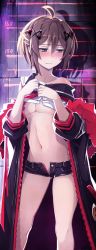 Rule 34 | 1girl, ahoge, akazukin (mary skelter), aqua eyes, blush, breasts, brown hair, coat, hair ornament, hairclip, highres, mary skelter, nanameda kei, navel, off shoulder, official art, open clothes, open coat, short hair, short shorts, shorts, solo, underboob, unzipped
