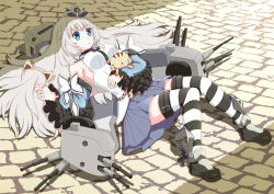 Rule 34 | 1girl, :o, animal ears, bad id, bad pixiv id, blue eyes, breasts, cat, cat ears, detached sleeves, fangs, highres, horizontal-striped legwear, kent (warship girls r), large breasts, lying, nisemono, on back, pavers, skirt, solo, striped clothes, striped thighhighs, thighhighs, thighs, turret, warship girls r, zettai ryouiki
