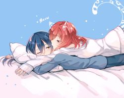Rule 34 | 2girls, animal ears, bare shoulders, blue hair, blush, cat ears, closed mouth, hair between eyes, kuma (bloodycolor), long hair, looking at another, love live!, love live! school idol project, lying, lying on person, multiple girls, nishikino maki, on bed, on stomach, one eye closed, pillow, purple eyes, red hair, short hair, simple background, sleeves past wrists, smile, sonoda umi, yellow eyes, yuri