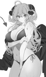 Rule 34 | 1girl, bikini, breasts, demon girl, greyscale, highres, horns, komupi, large breasts, long hair, looking at viewer, monochrome, noa (komupi), original, pointy ears, slit pupils, spade (shape), standing, swimsuit, white background
