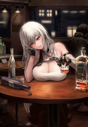 Rule 34 | 1boy, 1girl, alcohol, arm strap, arm support, azur lane, bandaged arm, bandages, bar (place), bare shoulders, black gloves, black hair, bottle, breast rest, breasts, breasts on table, ceiling, cleavage, collarbone, commentary request, crossed legs, cup, drinking glass, drunk, gloves, hair between eyes, head tilt, highres, holding, holding cup, indoors, large breasts, long hair, looking at viewer, parted lips, pov, red eyes, saikoro (et1312), silver hair, sitting, smile, solo focus, sovetskaya rossiya (azur lane), sovetskaya rossiya (the lackadaisical lookout) (azur lane), tank top, whiskey