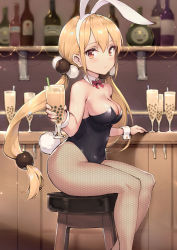 Rule 34 | 1girl, animal ears, bar stool, bare shoulders, black leotard, blonde hair, blush, bow, bowtie, breasts, bubble tea, cleavage, commentary request, covered navel, detached collar, drink, fake animal ears, fishnet pantyhose, fishnets, from side, hairband, haoni, highres, indoors, leotard, long hair, looking at viewer, low twintails, medium breasts, orange eyes, pantyhose, playboy bunny, rabbit ears, rabbit tail, sitting, solo, stool, twintails, unmoving pattern, wrist cuffs, xiaoyuan (you can eat the girl), you can eat the girl