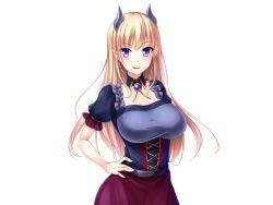Rule 34 | 1girl, blonde hair, blush, breasts, cleavage, cowboy shot, demon girl, dress, earrings, eyebrows, female focus, game cg, hand on own hip, horns, jewelry, large breasts, long hair, looking at viewer, mashouki tiruana haramase saimin, parted lips, puffy sleeves, purple eyes, saxasa, short sleeves, simple background, smile, solo, standing, tiruana maglav, upper body, white background