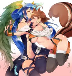 Rule 34 | 2girls, animal ears, asymmetrical wings, black legwear, blazblue, blue hair, blush, bow, breasts, brown hair, choker, closed eyes, collarbone, colored tips, crossover, dizzy (guilty gear), feathers, fingerless gloves, gloves, gradient background, guilty gear, hair bow, hair rings, highres, huge breasts, large breasts, long hair, makoto nanaya, miniskirt, multicolored hair, multiple girls, orange skirt, pink background, revealing clothes, rurouni187, shiny skin, short hair, skirt, smile, squirrel ears, squirrel tail, tail, thighhighs, twintails, two-tone hair, underboob, white background, white hair, wings, yellow bow