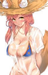 Rule 34 | animal ears, bikini, bikini top only, blue bikini, blush, breasts, ears through headwear, fate/grand order, fate (series), fox ears, fox tail, hat, large breasts, long hair, looking at viewer, navel, pink hair, seductive smile, see-through, shirt, short sleeves, simple background, smile, solo, stomach, straw hat, swimsuit, t-shirt, tail, tamamo (fate), tamamo no mae (fate/extra), tamamo no mae (swimsuit lancer) (fate), tamamo no mae (swimsuit lancer) (second ascension) (fate), untue, upper body, wet, wet clothes, white background, white shirt, yellow eyes