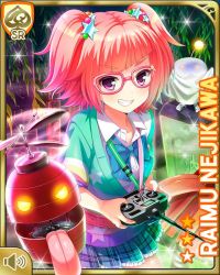 Rule 34 | 1girl, asymmetrical legwear, bed sheet, belt, blue bow, bow, cardigan, character name, clenched teeth, controller, drone, girlfriend (kari), glasses, grave, hair ornament, japanese text, leaves, looking at viewer, medium hair, mismatched legwear, nejikawa raimu, night, official art, pink belt, pink hair, pocket, purple eyes, qp:flapper, robot, roller skates, shoes, skates, smile, sneakers, solo, standing, tagme, teeth, tongue, toolbox, tools, twintails, yellow eyes, traditional youkai