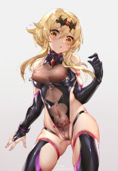 Rule 34 | 1girl, bad id, bad pixiv id, bare shoulders, black gloves, black leotard, black thighhighs, blonde hair, blush, breasts, bridal gauntlets, cameltoe, character name, cleft of venus, contrapposto, covered navel, dark persona, elbow gloves, genshin impact, ginklaga, gloves, grey background, highleg, highleg leotard, latex, latex thighhighs, leotard, lumine (genshin impact), medium breasts, nipple piercing, nipple rings, nipples, o-ring leotard, partially visible vulva, piercing, piercing through clothes, pixiv id, pubic tattoo, short hair with long locks, sidelocks, simple background, single glove, skindentation, solo, tattoo, thighhighs, tiara, yellow eyes