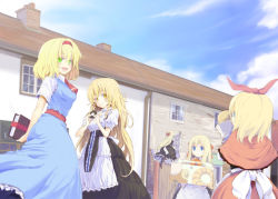 Rule 34 | 4girls, :d, alice margatroid, blonde hair, book, bow, building, capelet, female focus, green eyes, hairband, hat, hat bow, holding, holding book, hourai doll, kirisame marisa, lefthand, multiple girls, no headwear, no headwear, open mouth, shanghai doll, smile, touhou, witch hat, yellow eyes