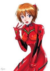 Rule 34 | 1girl, alternate hair length, alternate hairstyle, blue eyes, brown hair, gino0808, highres, neon genesis evangelion, open mouth, plugsuit, short hair, signature, simple background, solo, souryuu asuka langley, white background