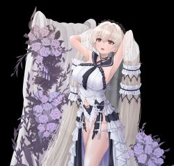 Rule 34 | 1girl, absurdly long hair, absurdres, armpits, azur lane, black background, black choker, black neckwear, black sailor collar, bouquet, bow, breasts, choker, clothing cutout, daran9, dress, dress bow, dress flower, feather dress, flower, formidable (azur lane), formidable (timeless classics) (azur lane), hair ornament, hands in hair, highres, huge filesize, large breasts, long hair, navel cutout, official alternate costume, platinum blonde hair, red eyes, sailor collar, see-through, simple background, sleeveless, solo, twintails, two-tone dress, two-tone ribbon, veil, very long hair, white dress, white flower