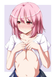 Rule 34 | 1girl, alternate costume, blush, breasts, clothes lift, collarbone, contemporary, highres, large breasts, lifting own clothes, looking away, midriff, navel, no bra, nori tamago, pink eyes, pink hair, saigyouji yuyuko, shirt, shirt lift, skirt, solo, touhou, upper body