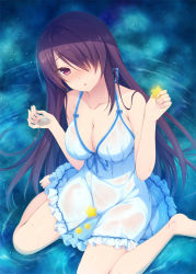 Rule 34 | 1girl, :o, aotsu karin, bare arms, bare shoulders, barefoot, blue ribbon, blush, breasts, brown hair, cleavage, collarbone, commentary request, dress, frilled dress, frills, hair over one eye, hands up, has bad revision, head tilt, holding, holding star, huge filesize, long hair, md5 mismatch, medium breasts, neck ribbon, night, night sky, nose blush, original, parted lips, red eyes, resolution mismatch, ribbon, ripples, see-through, sitting, sky, sleeveless, sleeveless dress, solo, star (sky), star (symbol), starry sky, very long hair, wariza, water, wet, wet clothes, wet dress, white dress