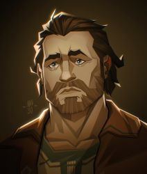Rule 34 | 1boy, arcane: league of legends, artist name, beard, brown background, brown hair, brown jacket, closed mouth, collarbone, facial hair, grey eyes, highres, jacket, league of legends, looking at viewer, male focus, nina kunze, open clothes, open jacket, portrait, short hair, solo, two-tone shirt, vander (arcane)
