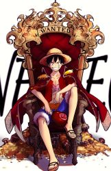 Rule 34 | 1boy, absurdres, black eyes, black hair, commentary, english text, food, hat, highres, holding, holding food, male focus, meat, monkey d. luffy, one piece, rakugaki suruhito, sandals, scar, scar on chest, sitting, smile, straw hat, throne