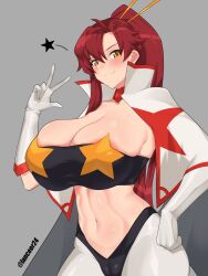 Rule 34 | 1girl, absurdres, artist name, breasts, cameltoe, cleavage, hand on own hip, highres, huge breasts, legs, long hair, looking at viewer, midriff, navel, pants, ponytail, red hair, smile, space yoko, strapless, tengen toppa gurren lagann, thick thighs, thighs, toned, tube top, v, yellow eyes, yoko littner