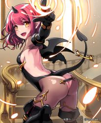 Rule 34 | 10s, 1girl, ass, bad id, bad pixiv id, black gloves, blush, boots, breasts, character request, demon girl, demon tail, demon wings, elbow gloves, fangs, fire, gloves, horns, len (a-7), open mouth, pointing, pointing at viewer, red hair, shingeki no bahamut, short hair, sideboob, single horn, small breasts, smile, solo, stairs, tail, thigh boots, thighhighs, tricky imp, watermark, window, wings, yellow eyes
