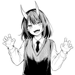 Rule 34 | 1girl, absurdres, aoki ruri, black hair, black necktie, claw pose, collared shirt, dragon girl, dragon horns, fangs, greyscale, hashtag only commentary, highres, horns, long sleeves, looking at viewer, meijin kusano, monochrome, necktie, open mouth, ruri dragon, school uniform, shirt, short hair, simple background, slit pupils, smile, solo, upper body, vest, white background, white shirt