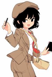 Rule 34 | 1girl, black hair, blush, brown hat, brown pants, collared shirt, cowboy shot, hair between eyes, hat, highres, holding, holding pen, long sleeves, maguro (mawaru sushi), necktie, official alternate costume, open clothes, open mouth, pants, pen, red necktie, shameimaru aya, shirt, short hair, simple background, smile, solo, touhou, white background, white shirt