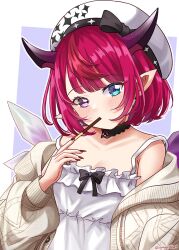 Rule 34 | 1girl, amai-tapioca, beret, black choker, blue eyes, blush, brown sweater, choker, crystal wings, dress, food, food in mouth, hat, heterochromia, hololive, hololive english, horns, irys (casualrys) (hololive), irys (hololive), lace-trimmed choker, lace trim, looking at viewer, medium hair, multicolored hair, nail polish, official alternate costume, pocky, pocky day, pocky in mouth, pointy ears, purple hair, red eyes, red hair, red nails, solo, sweater, two-tone hair, virtual youtuber, white dress, white hat