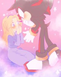 Rule 34 | 1boy, 1girl, blonde hair, blue eyes, blush, bracelet, embarrassed, furry, furry male, furry with non-furry, gloves, covering own mouth, hetero, implied kiss, interspecies, jewelry, maria robotnik, red eyes, shadow the hedgehog, sonic (series), tondamanuke, white gloves