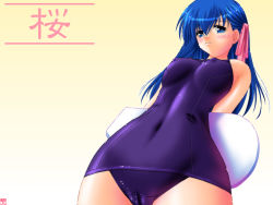 Rule 34 | 1girl, arms behind back, ayato, blue eyes, blue hair, blue one-piece swimsuit, blush, breasts, embarrassed, fate/stay night, fate (series), from below, gradient background, hair ribbon, holding, kickboard, large breasts, long hair, looking at viewer, looking down, matou sakura, one-piece swimsuit, ribbon, school swimsuit, standing, swimsuit, yellow background