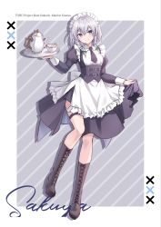 Rule 34 | 1girl, apron, blue corset, blue necktie, blush, boots, braid, brown footwear, character name, corset, cross-laced footwear, cup, highres, holding, holding tray, izayoi sakuya, kure~pu, lace-up boots, long sleeves, looking at viewer, maid, maid apron, maid day, maid headdress, necktie, open mouth, outside border, short necktie, sidelocks, solo, teacup, teapot, thigh strap, touhou, tray, twin braids