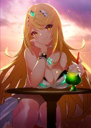 Rule 34 | 1girl, adapted costume, bare shoulders, blonde hair, breast rest, breasts, cawang, chest jewel, cleavage, dress, earrings, highres, jewelry, large breasts, long hair, mythra (radiant beach) (xenoblade), mythra (xenoblade), solo, sunset, swept bangs, tiara, very long hair, white dress, xenoblade chronicles (series), xenoblade chronicles 2, yellow eyes