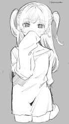 Rule 34 | 1girl, akebi-chan no serafuku, amezawa koma, blush, check copyright, copyright request, covering own mouth, cropped legs, grey background, greyscale, highres, kizaki erika, long hair, long shirt, looking at viewer, monochrome, simple background, sketch, sleeves past fingers, sleeves past wrists, solo, straight-on, two side up
