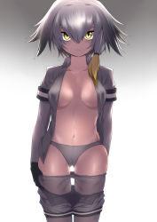 Rule 34 | 10s, 1girl, absurdres, arm behind back, black hair, black pantyhose, blonde hair, breasts, caibao return, clothes pull, frown, gloves, gluteal fold, gradient background, grey hair, grey panties, hair between eyes, highres, kemono friends, layered sleeves, long sleeves, looking at viewer, low ponytail, midriff, multicolored hair, navel, no bra, open clothes, open shirt, panties, pantyhose, pantyhose under shorts, partially undressed, shirt, shoebill (kemono friends), short over long sleeves, short sleeves, shorts, side ponytail, solo, thigh gap, underwear, yellow eyes