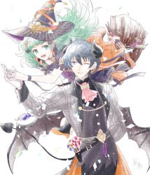 Rule 34 | 1boy, 1girl, alternate costume, arms behind back, bat wings, blue eyes, blue hair, broom, broom riding, byleth (fire emblem), byleth (male) (fire emblem), candy, costume, fire emblem, fire emblem: three houses, fire emblem heroes, food, green eyes, green hair, halloween, halloween costume, hat, holding hands, kuroyu66, lollipop, long sleeves, matching hair/eyes, nintendo, official alternate costume, one eye closed, open mouth, short sleeves, simple background, sothis (fire emblem), tail, wings, wink, witch hat